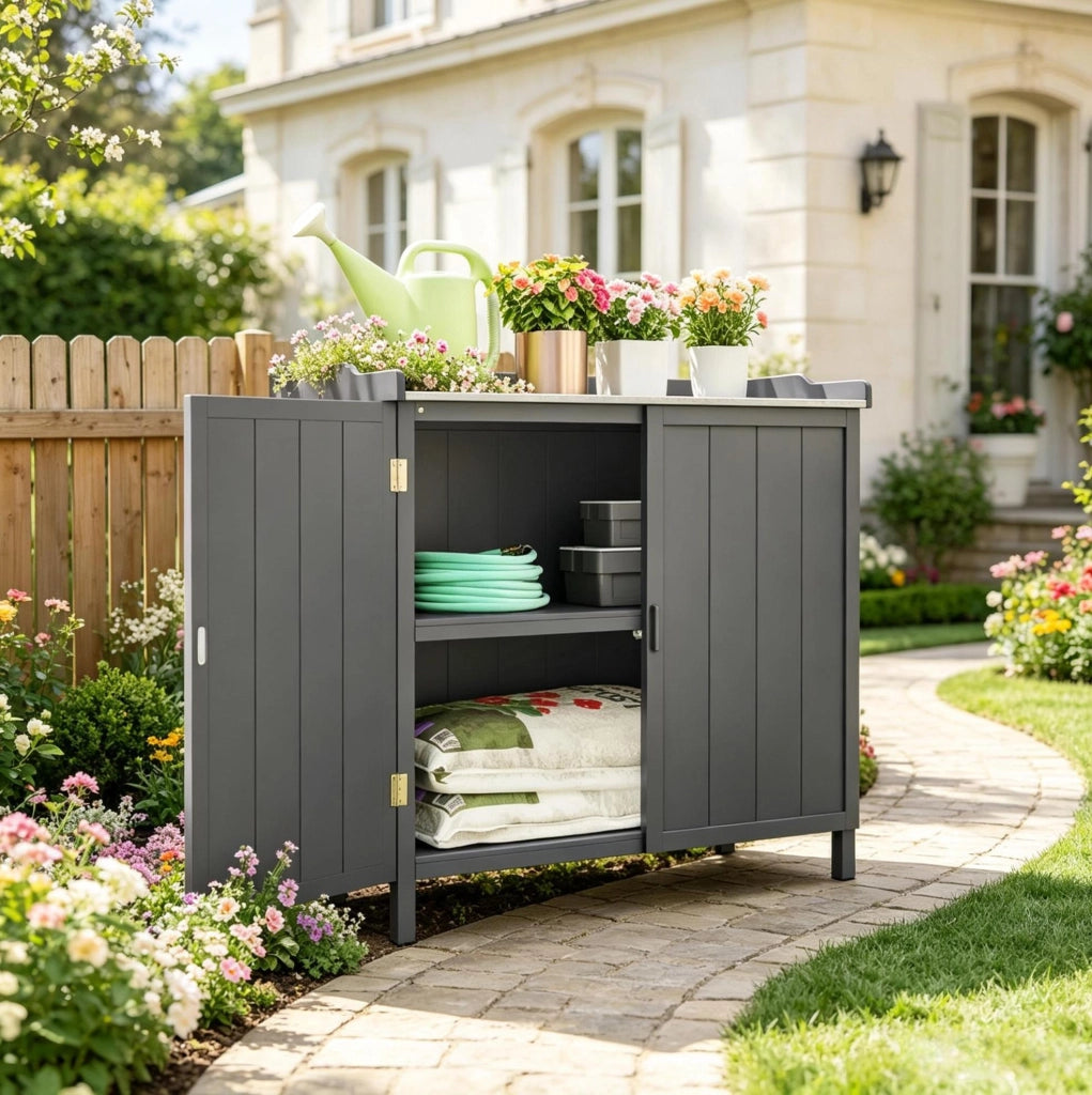Armadio da giardino 2 in 1 con tavolo da rinvaso e ripiano 98 x 48 x 95;5 cm; grigio