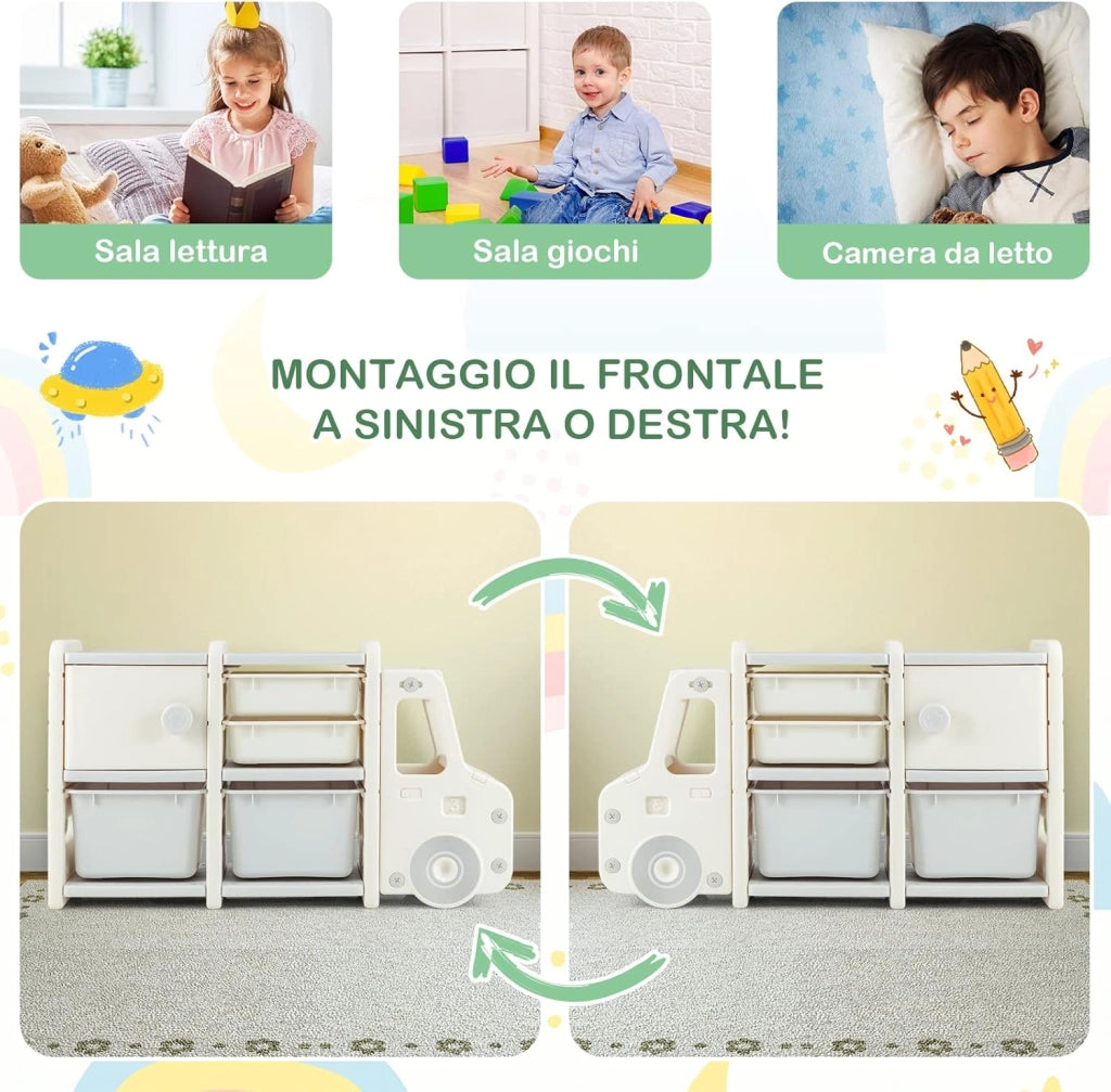 Organizer per Giocattoli con Scatole per Bambini, Scaffale Multilivello a Forma di Camion, Scaffale per Giocattoli con 2 Livelli e 4 Scompartimenti per Bambini (Grigio)