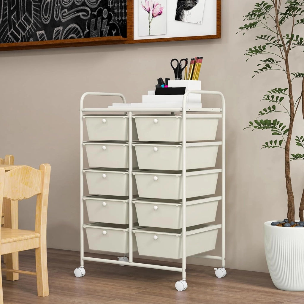 Carrello a 10 Cassetti con Ruote, di Stoccaggio con Stabilità Elevata, Multiuso per Casa Ufficio e Scuola, 65,5 x 37 x 87 cm (Bianco)