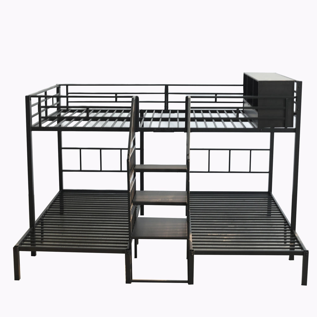OKWISH Letto a Castello 90×200 cm e 140×200 cm, Letto 3 Posti con Scala, Contenitore e Corrimani, senza Materasso, Nero