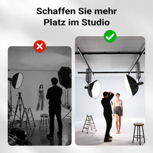 Sistema aereo per studio fotografico - Binari a soffitto 2 x 2,6 m, con 8 staffe e 3 pantografi estensibili in continuo da 40-215 cm fino a 6 kg - Attrezzatura per fotografi e videografi