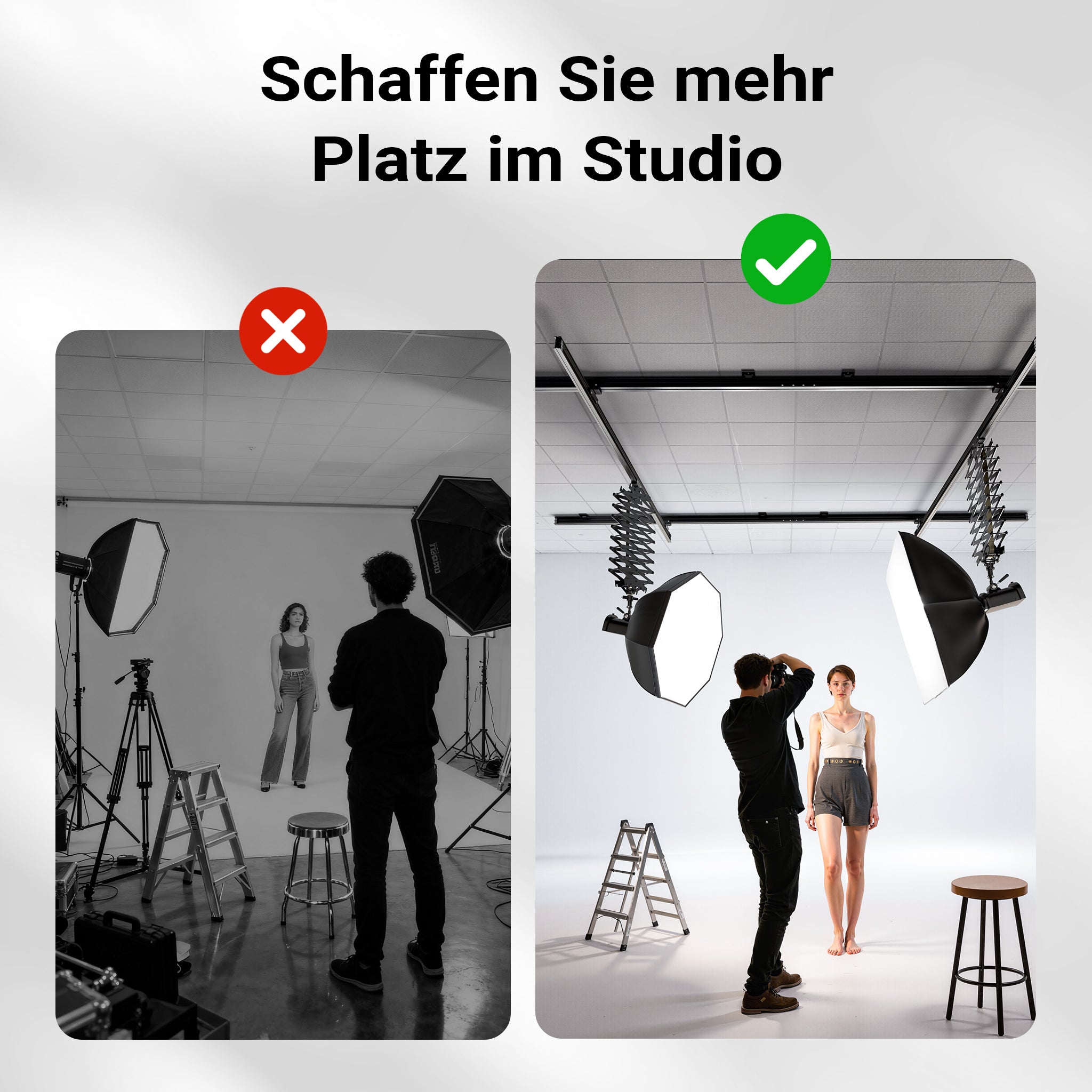 Sistema aereo per studio fotografico - Binari a soffitto 2 x 2,6 m, con 8 staffe e 3 pantografi estensibili in continuo da 40-215 cm fino a 6 kg - Attrezzatura per fotografi e videografi