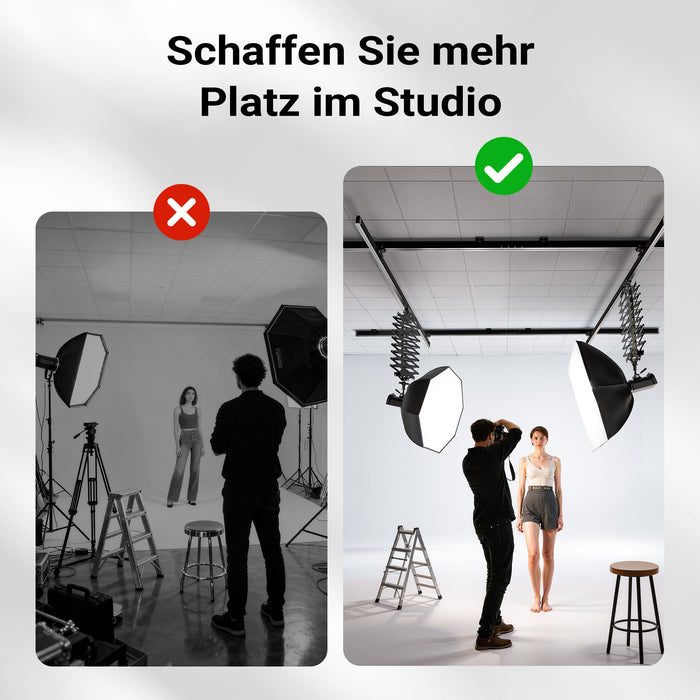 Sistema aereo per studio fotografico - Binari a soffitto 2 x 2,6 m, con 8 staffe e 3 pantografi estensibili in continuo da 40-215 cm fino a 6 kg - Attrezzatura per fotografi e videografi