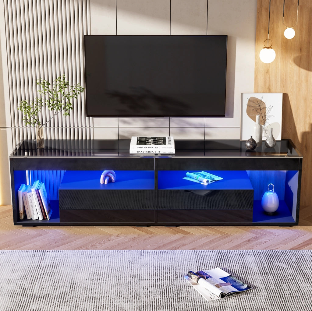 Mobile TV 180x40x46 cm con illuminazione LED e 2 cassetti in truciolato nero