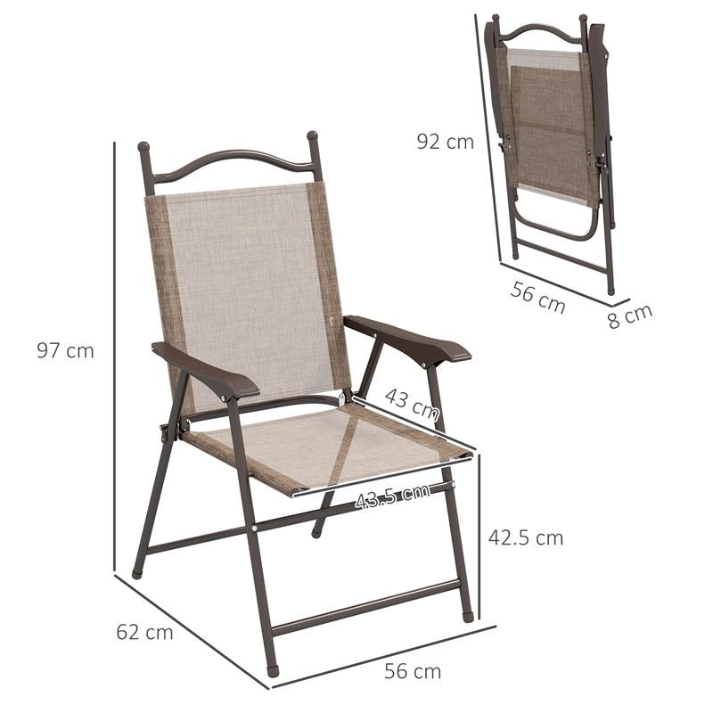 SET 2 SEDIE PIEGHEVOLI DA GIARDINO CON BRACCIOLI E SEDUTA IN TESSUTO TRASPIRANTE, MARRONE