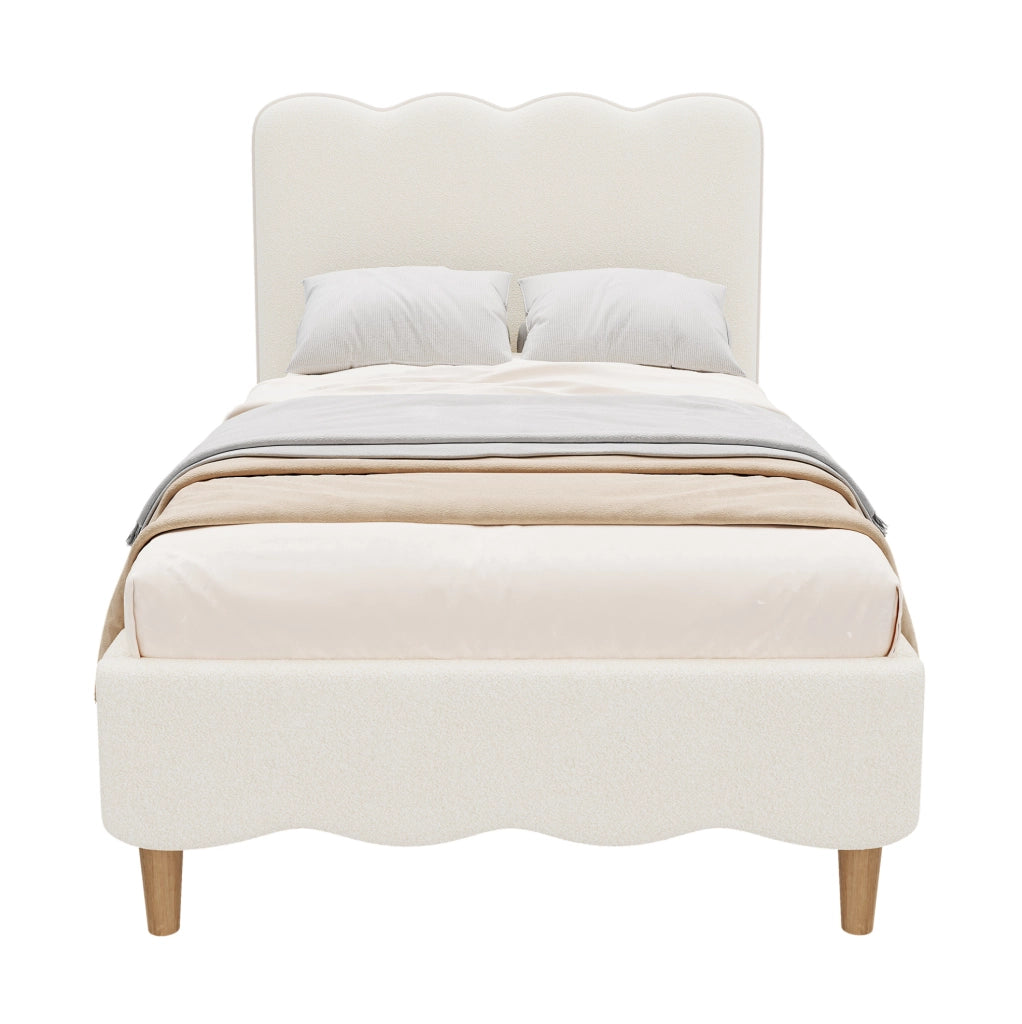 Letto singolo imbottito 90x200 cm con rete a doghe e testiera; bouclé bianco
