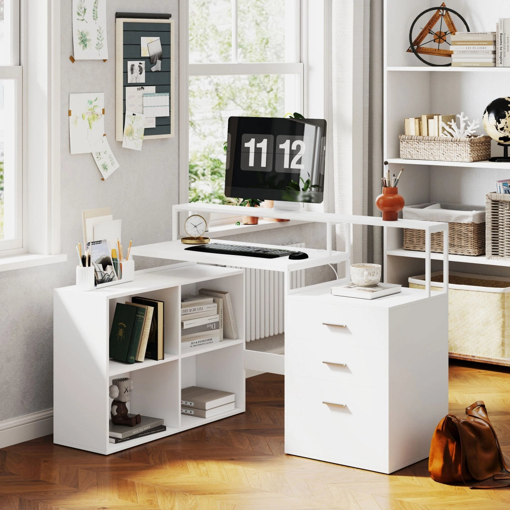 Scrivania da Ufficio Angolare 138,5x90x92 cm con Supporto per Monitor Cassetti e Ripiani in Legno Bianco