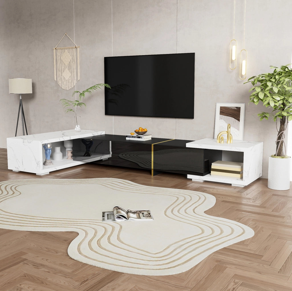 Mobile TV allungabile e girevole 140-260 cm; effetto marmo bianco e nero