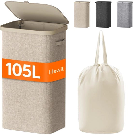 Wastino 105L con coperchio, grande contenitore per la raccolta della biancheria con struttura in plastica, contenitore per la biancheria pieghevole, grande contenitore per la biancheria per camera da letto, bagno, beige