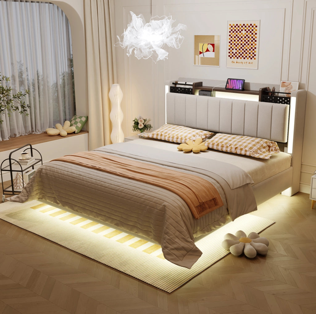 Letto matrimoniale imbottito 140x200 cm con LED; USB e contenitore; beige