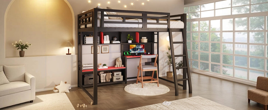 Letto a soppalco 140 × 200 cm con scrivania LED e ripiani in MDF e metallo nero design gaming
