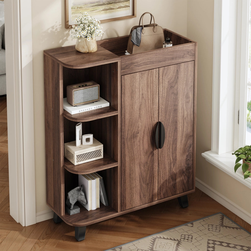 Scarpiera con 4 ante e vani aperti per ingresso 80×32×99 cm noce