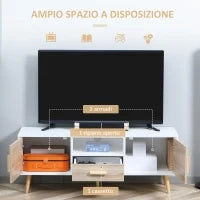 Mobile TV Basso per TV max 46" con Ripiano Aperto, Cassetto e 2 Armadietti, in Truciolato e Pino, 140x40x55.3 cm