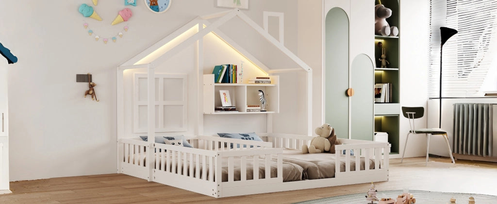 Letto per bambini a forma di casa con LED e doghe, 90x200 cm, bianco