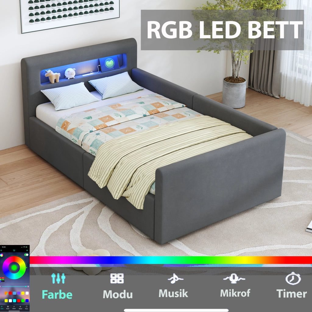 Letto imbottito per bambini 90x200 cm con LED; USB e contenitore idraulico; grigio scuro