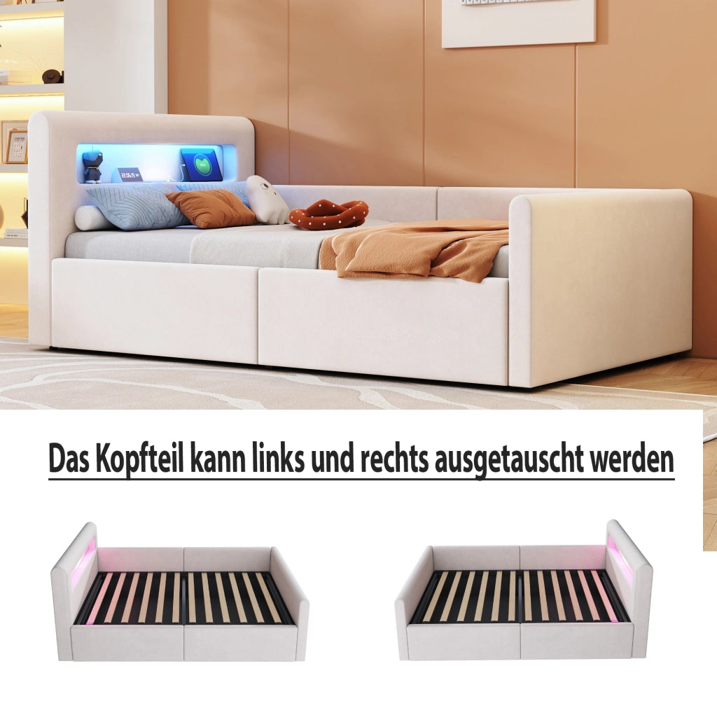 Letto imbottito per bambini 90x200 cm con LED, USB e vano