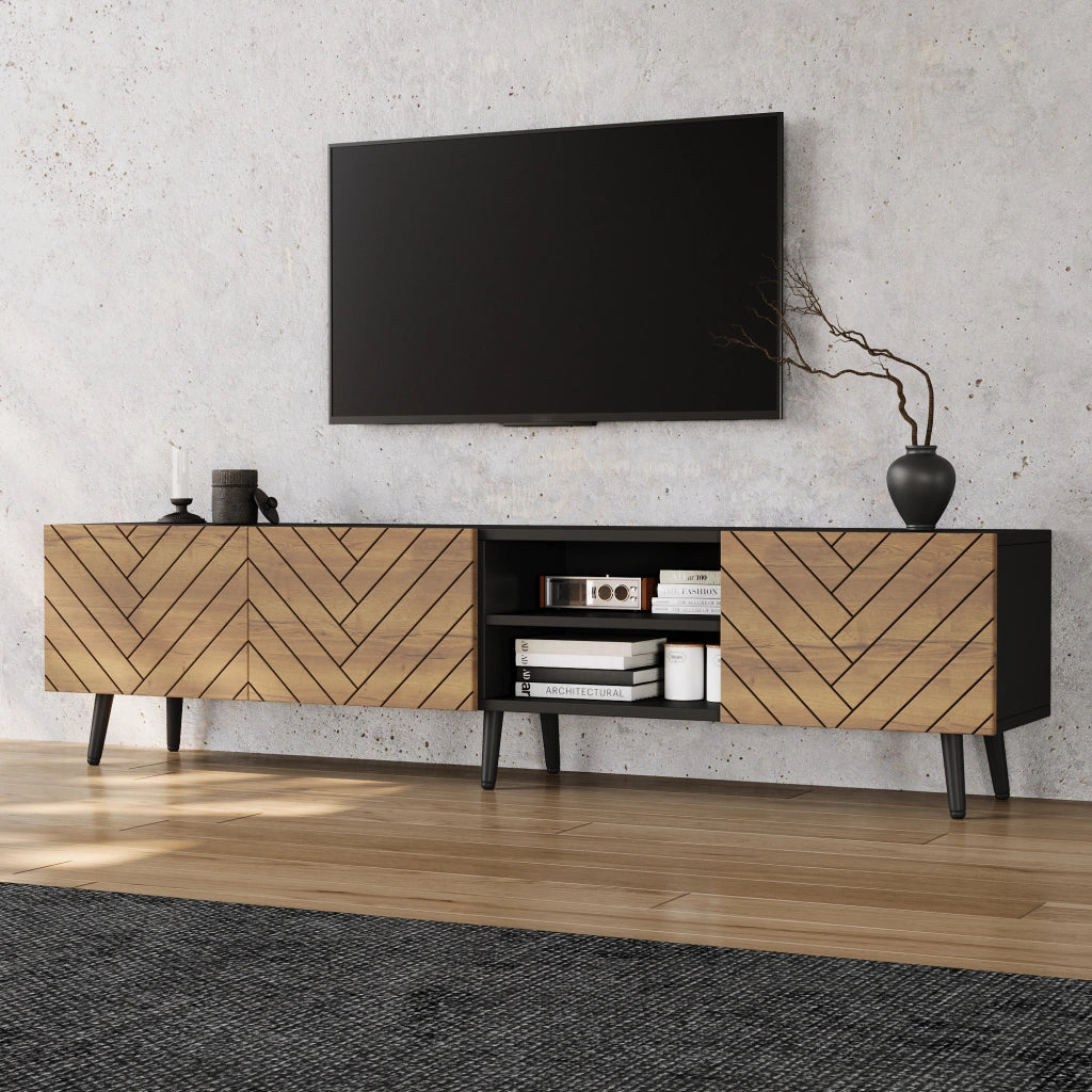 Mobile TV 180x33,5x45 cm con Ante e Passacavi ¨C MINIMAL ¨C Bianco/Nero/Legno