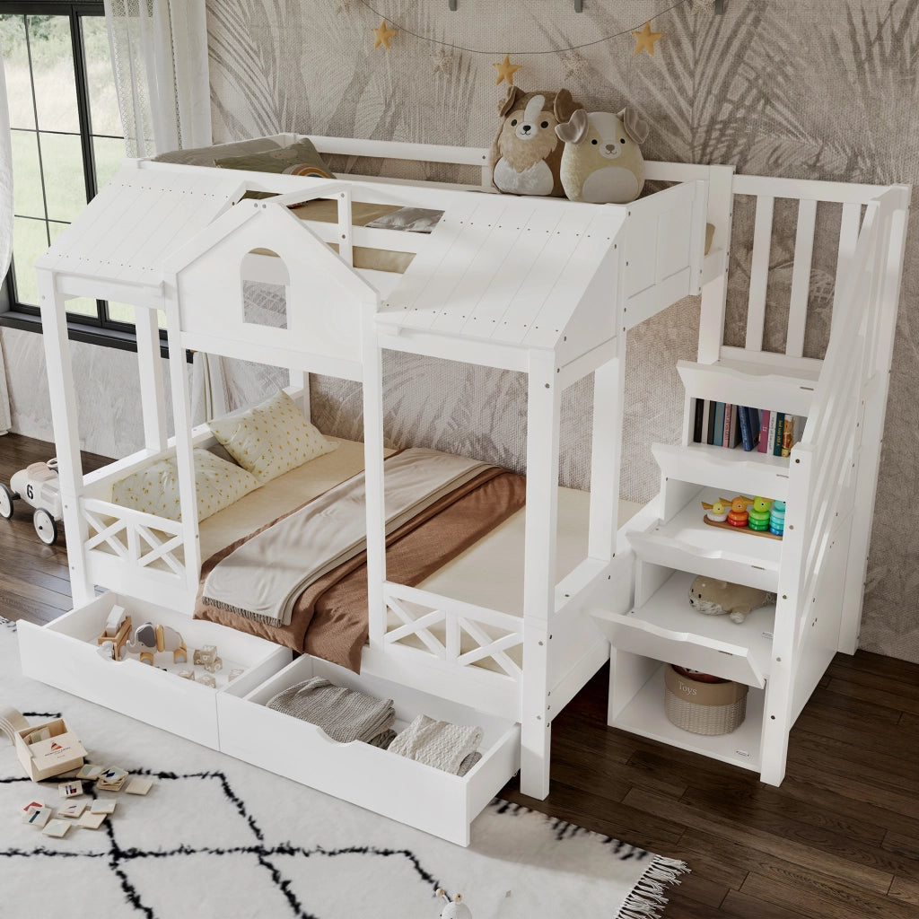 OKWISH Letto a castello 90×200 cm e 140×200 cm, Letto 3 Posti con 2 Cassetti, Mobile Scala e Design Casetta, senza Materasso