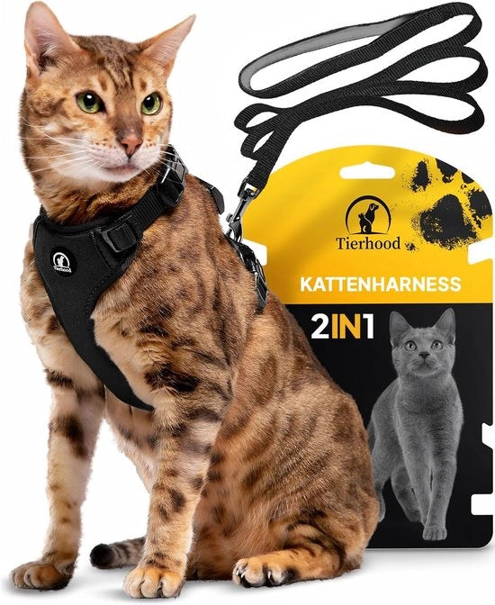 Catena per gatti con cavo - Regolabile e comoda, Previene la fuga (S, nero)