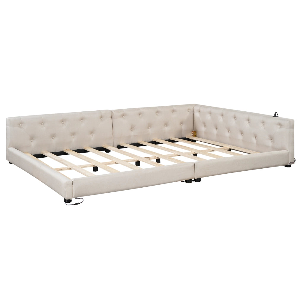 Letto 140x200 cm con LED; USB e Type-C in lino beige