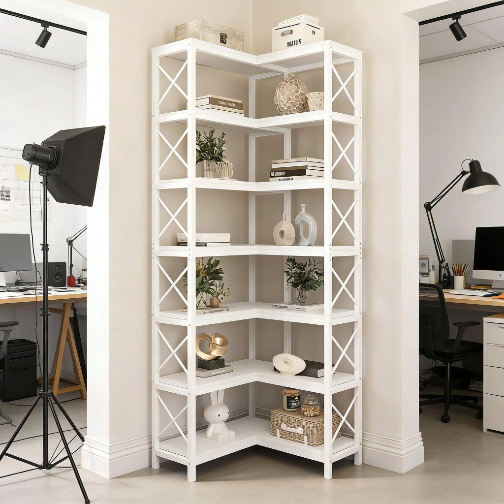 LIBRERIA ANGOLARE 117x29x30 cm Bianca in metallo e legno 7 ripiani