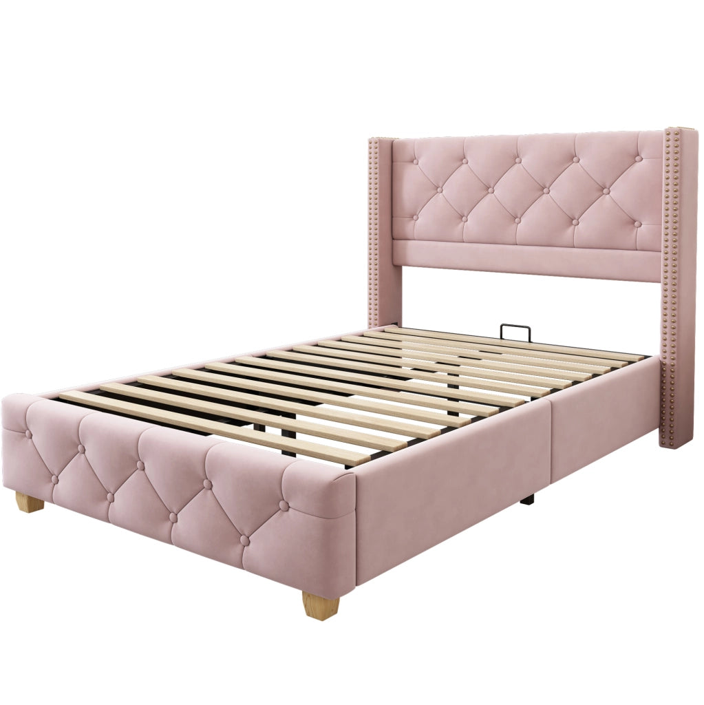 Letto imbottito 90x200 cm in velluto rosa con testiera capitonné; rete a doghe e gambe in legno