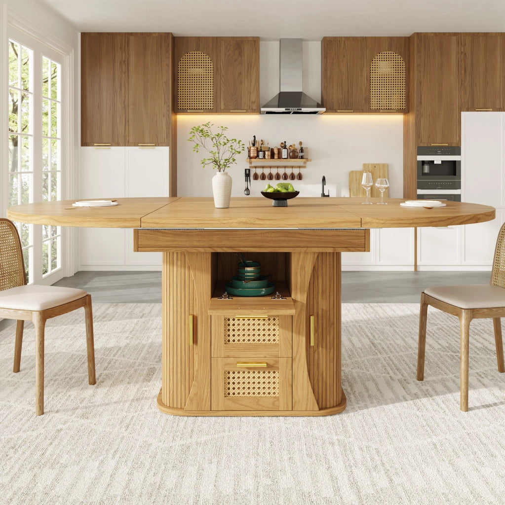 Tavolo da pranzo allungabile 118x118x77.1 cm con cassetti effetto rattan in MDF naturale