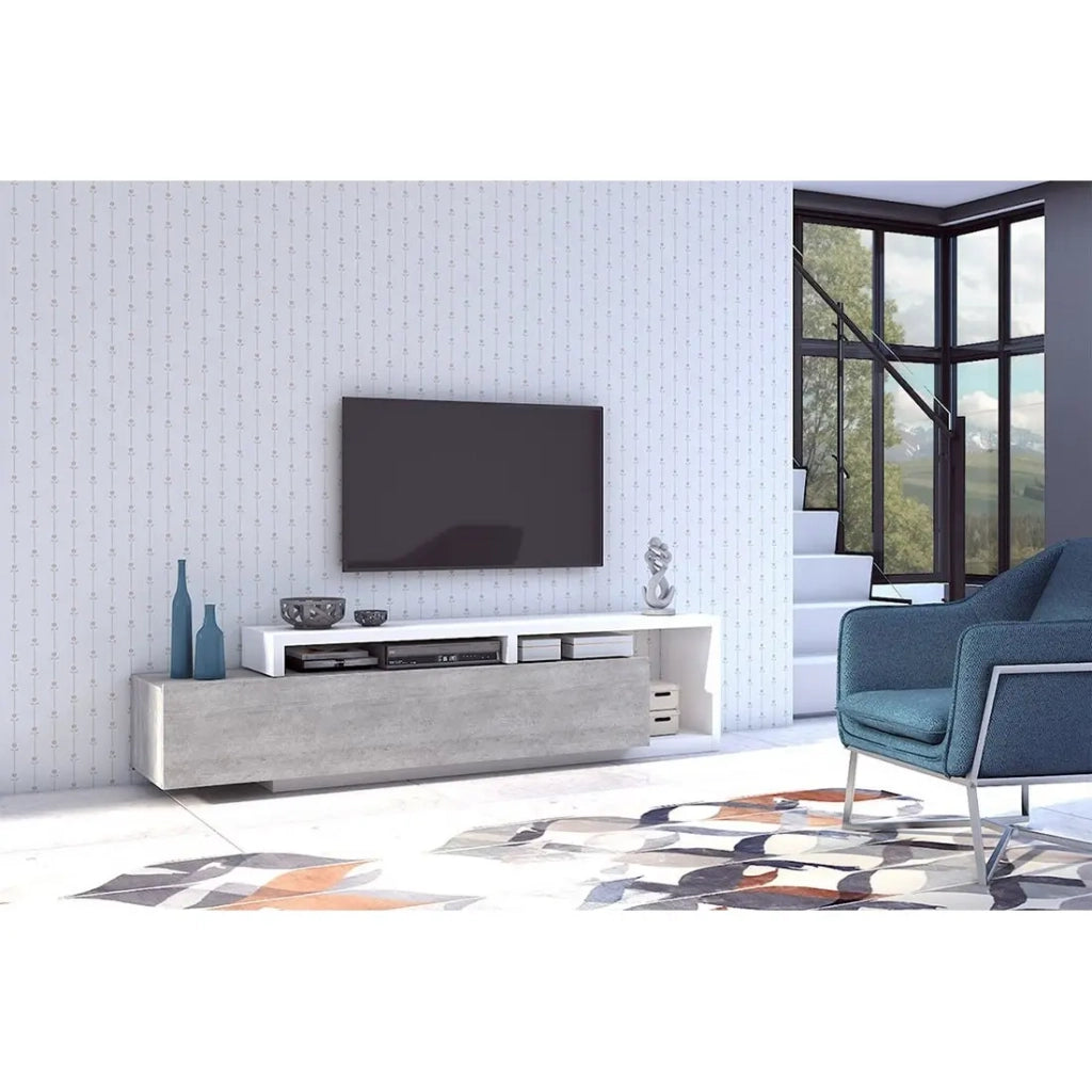 Mobile TV 220 cm collezione BERGAMO. Colori bianco e grigio cemento.