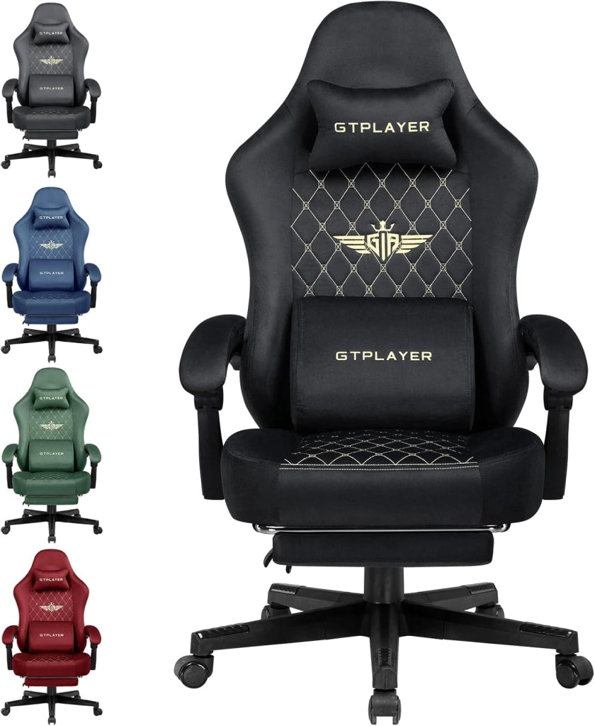 Sedia da gaming, in tessuto, ergonomica, per ufficio, in PC, portata 150 kg, regolabile e girevole, con cuscino a molla e poggiapiedi, grigio