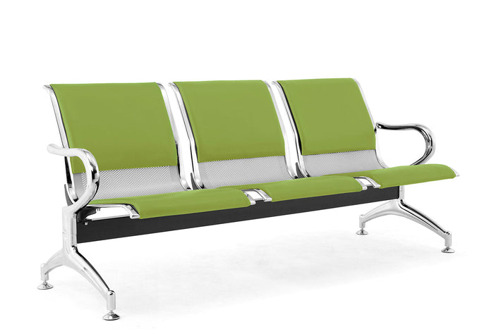 Panca per Sala Attesa 3 Posti da Ufficio con Cuscino in Acciaio e Similpelle Argento/Pistacchio