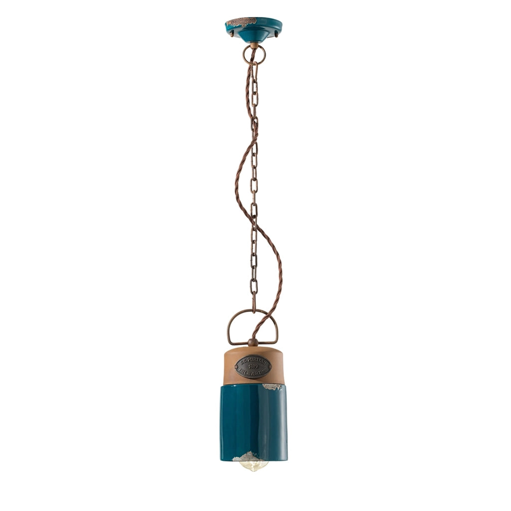 Lampadario Vintage Industrial Cilindrica Ferro E Ceramica Verde 1 Luce E27