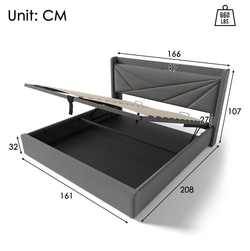 Letto matrimoniale contenitore 160x200 cm con testiera USB e Type-C in lino di cotone grigio; con materasso