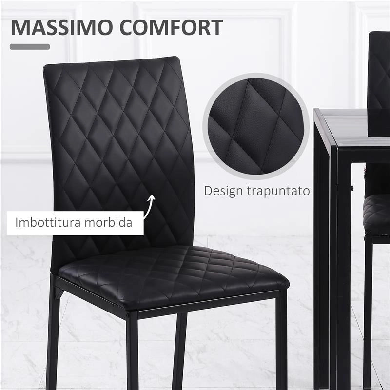 SET 4 SEDIE DA PRANZO IN FINTA PELLE CON CUCITURE A ROMBI E GAMBE IN METALLO NERO