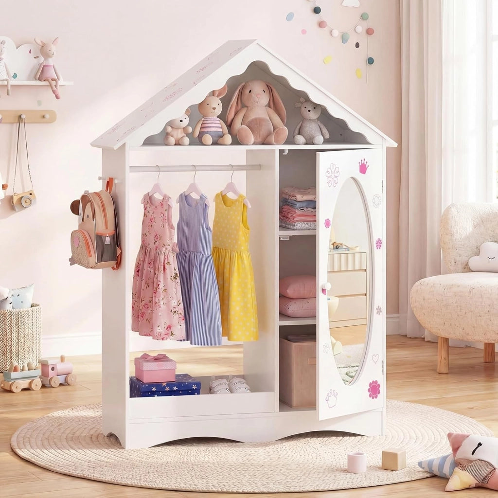 Armadio con Specchio per Bambini, Guardaroba Coperto con Appendiabiti Aperto, Scaffali e Ganci, Armadio e Organizzatore di Costumi per Camera da Letto e Stanza dei Giochi (Bianco)