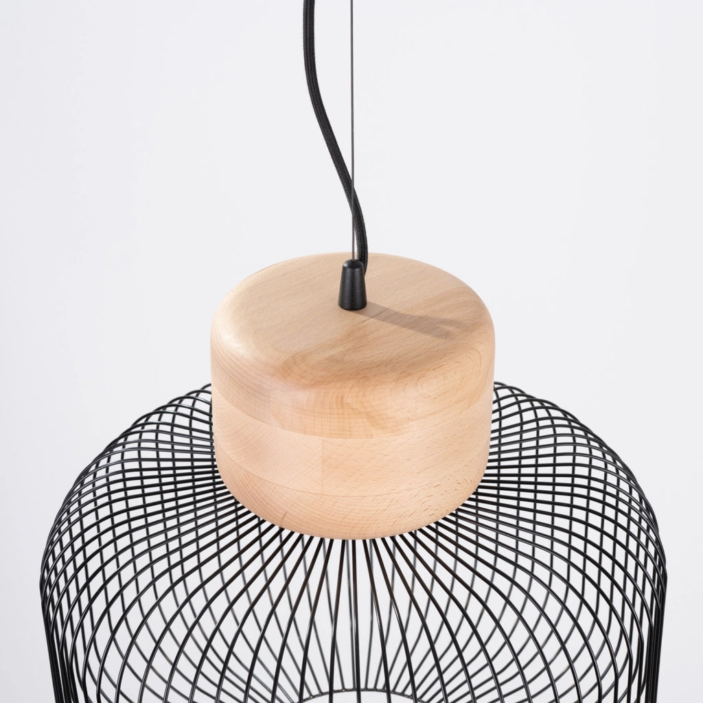 Lampada a sospensione industriale in acciaio e legno GABBIA Attacco E27 35/55 cm regolabile