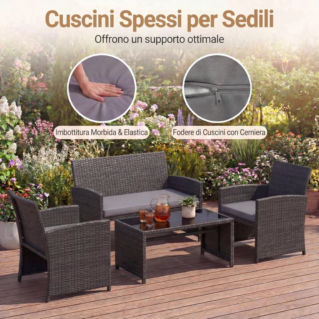 Set Mobili da Giardino in Rattan PE, Divano a 2 Posti e 2 Poltrone con Cuscini Comfort, Tavolino con Piano in Vetro, Arredo da Esterno per 4 Persone per Patio, Balcone, Cortile (Nero+Grigio)