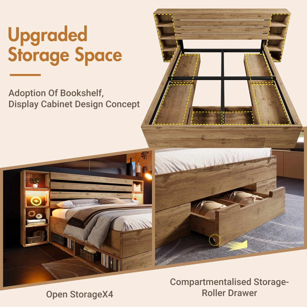 OKWISH Letto Contenitore 160×200 cm, Letto Matrimoniale con LED Regolabile, USB, Tipo C e 2 Cassetti, senza Materasso, Legno e Metallo, Rovere
