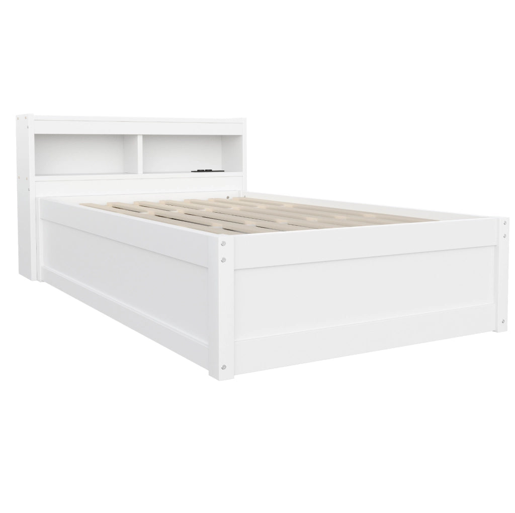 Letto multifunzione 90x200 cm con presa; contenitore idraulico e LED in MDF bianco