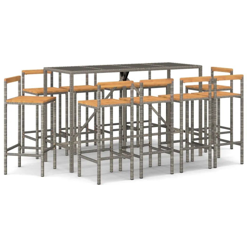 Set Bar Giardino 11pz Grigio Polyrattan e Legno Massello Acaciacod mxl 101267