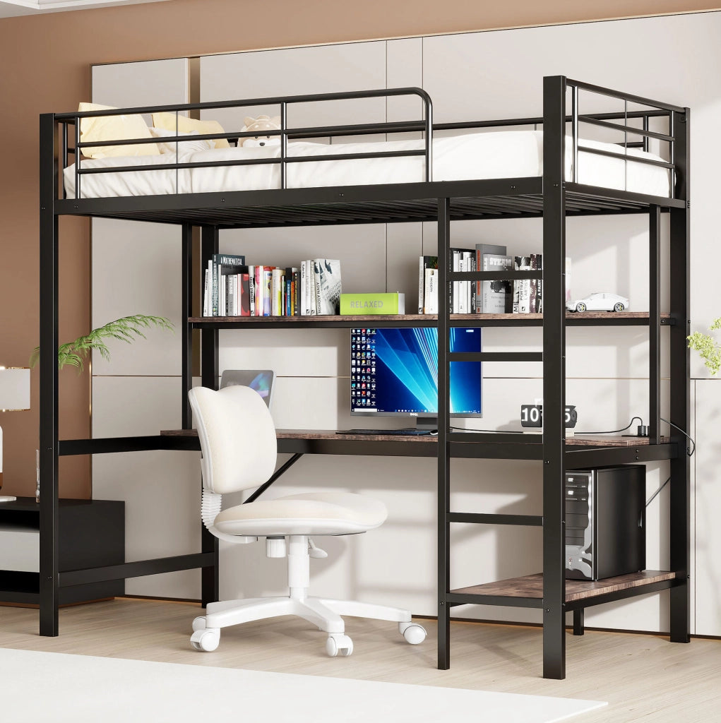 Letto a soppalco con scrivania, scaffale, luci LED e prese USB
