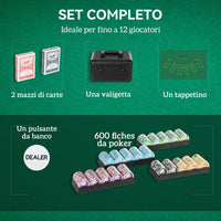 Set 600 Fiches da Poker 2 Mazzi di Carte Tappetino con Valigetta Nero