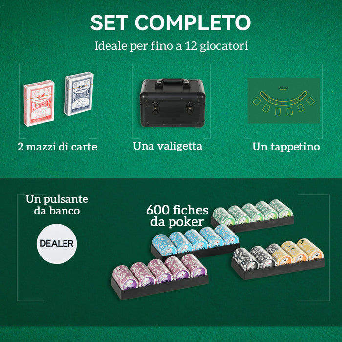 Set 600 Fiches da Poker 2 Mazzi di Carte Tappetino con Valigetta Nero