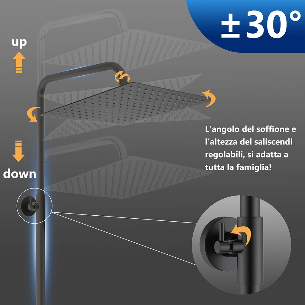 Miscelatore termostatico doccia con soffione 30x30cm e doccetta 25x10cm, colonna doccia cilindra nero