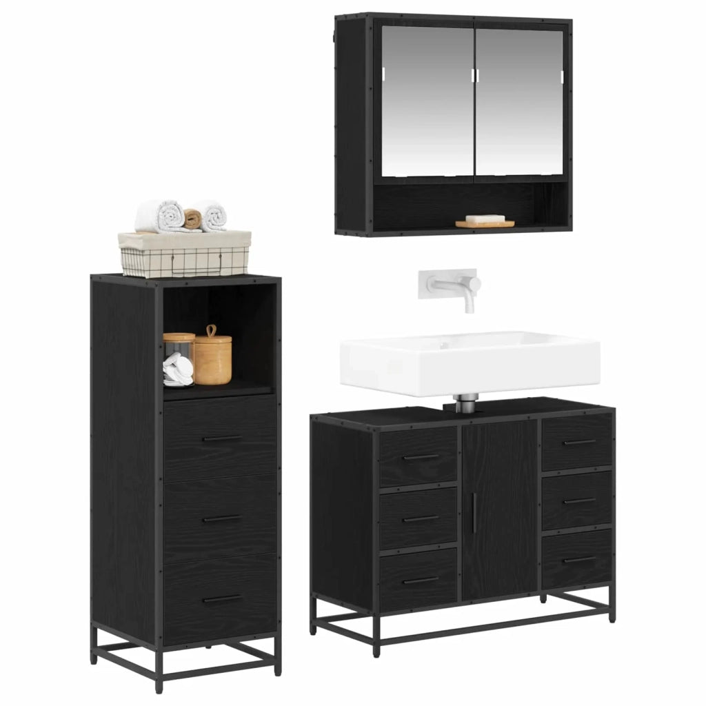 Set di mobili per il bagno 3 pcs Rovere Nero Legno multistrato