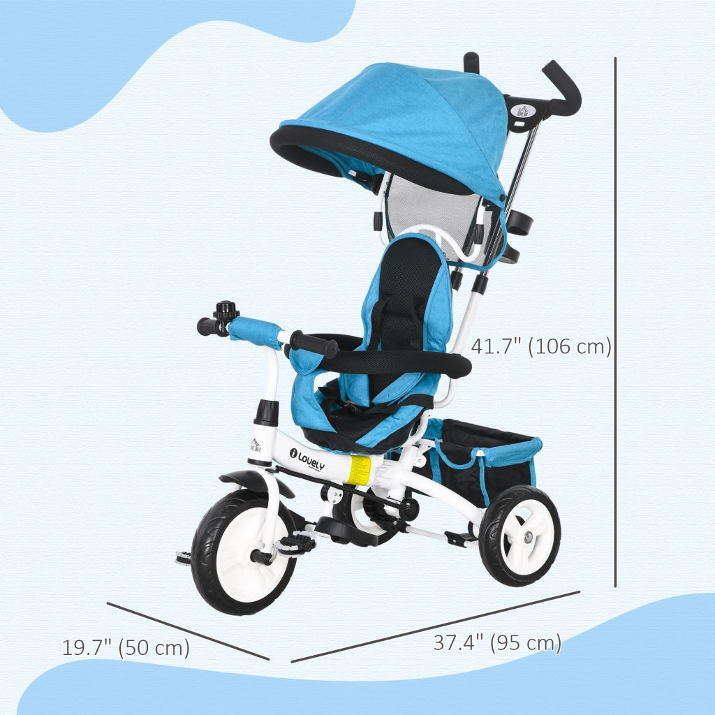 Triciclo Passeggino per Bambini con Maniglione 95x50x106 cm con Cintura di Sicurezza Blu