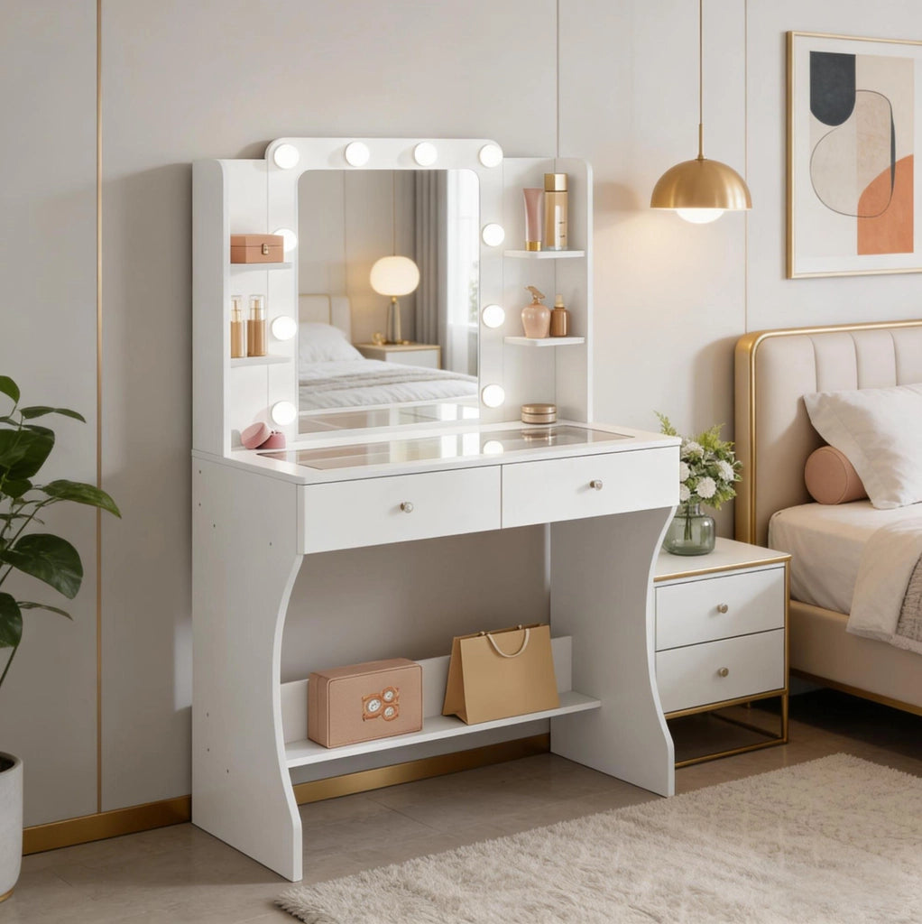 Tavolo da trucco con specchio LED e piano in vetro temperato 80x135x40 cm; bianco