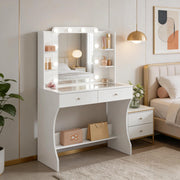 Tavolo da trucco con specchio LED e piano in vetro temperato 80x135x40 cm; bianco