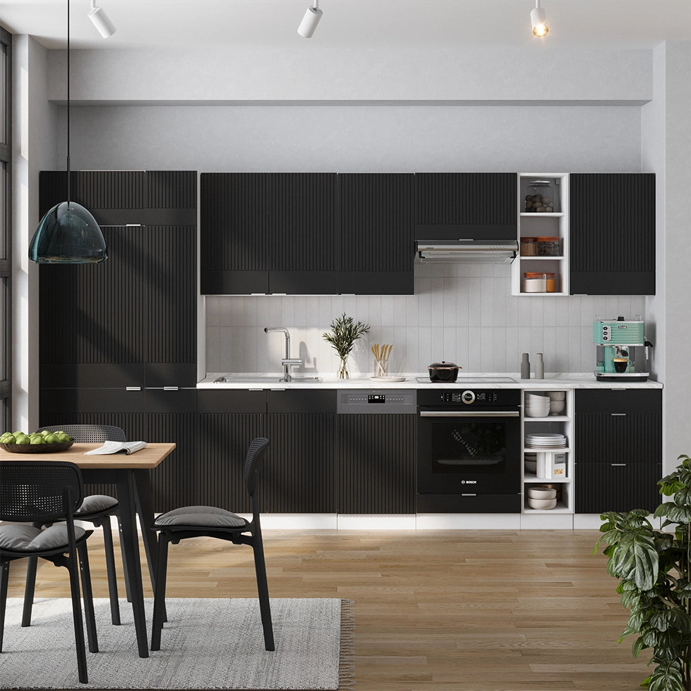 Cucina componibile Fame-Line Nero rigato/Bianco 355 cm, PL Marmo Vicco