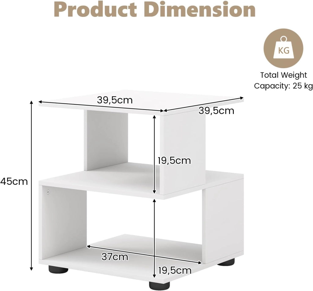 Set di 2 tavolini bianchi comodino comodino in legno, piccola libreria a 3 livelli, tavolino da caffè con piedini antiscivolo, tavolo d'accento moderno per camera da letto, 39,5 x 39,5 x 45 cm