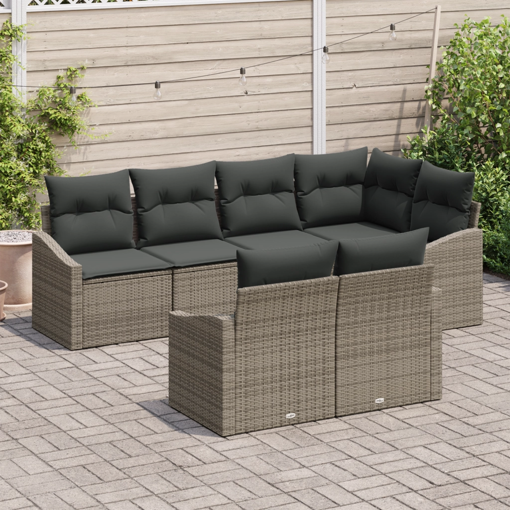 Set da Pranzo da Giardino a 7 Pezzi con Cuscini Grigio Rattan Polimerico